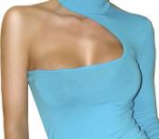 Maglietta monospalla azzurra.