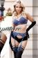 Calze nere da reggicalze con ricami e riga blu. Art. BS152