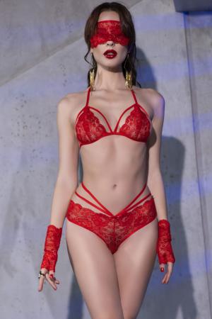 Completino intimo 4 pezzi in pizzo con guanti e benda. Rosso
