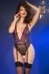 Body in tulle con ricami blu/rosa, reggicalze e calze.