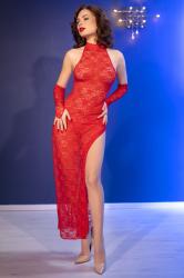 Neglig in pizzo con spacchi + guanti. Rosso