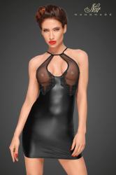 Mini abito nero con coppe in tulle e ricami in pizzo.