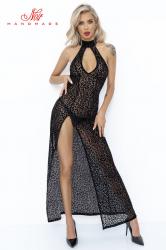 Abito lungo floccato leopardato con spacco frontale.